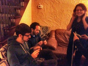 Knitting anyone?  Laura Hubbard in the act of teaching the group one of her hobbies.